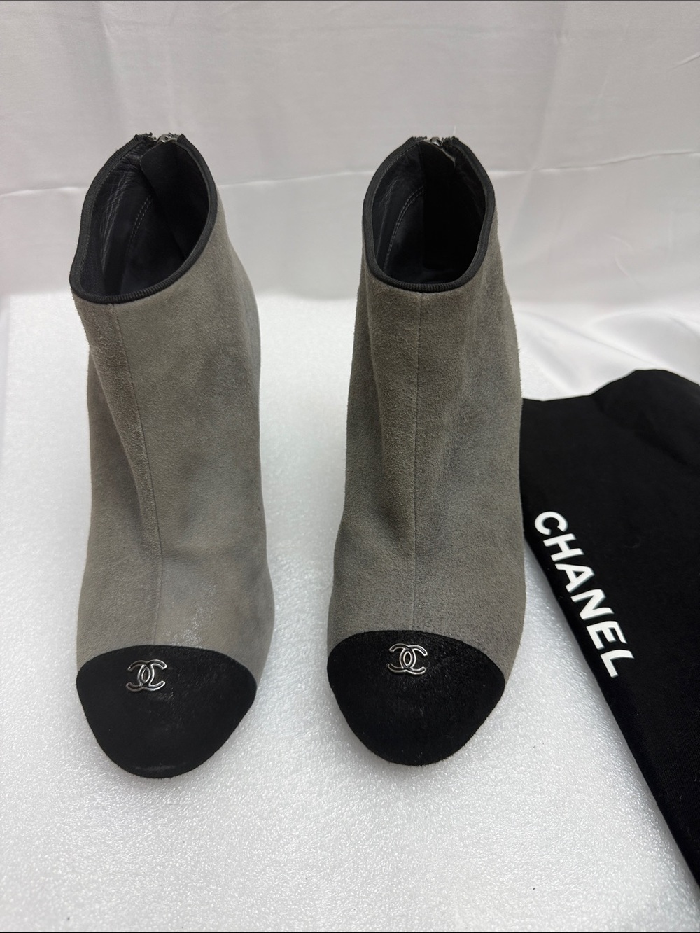 CHANEL Grey Suede Ankle Boots with Black Cap-Toe and Logo